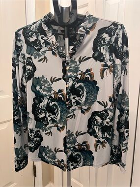 Floral Button-Up Blouse in Gray, Teal & Olive Calvin Klein Sz m